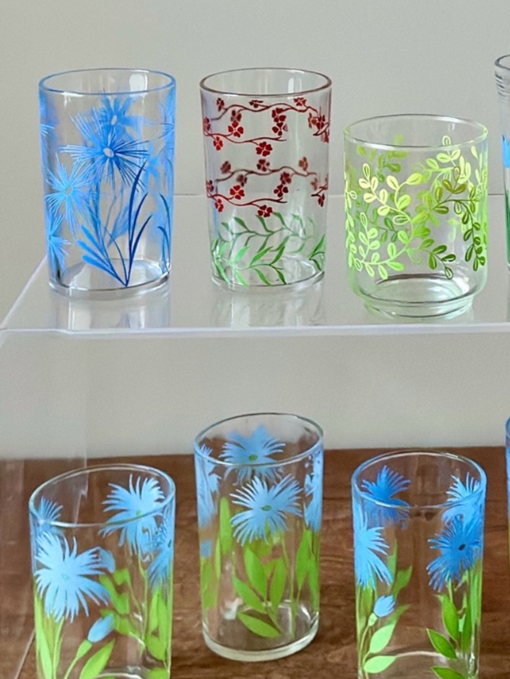 Vintage MCM 1950s Beverage Drinking Glass Blue Floral Print - 1 Single Cup‼️